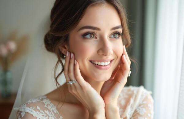 Close up photo of a beautiful bride smiling gently. Young woman with wedding makeup and hairstyle. Elegant bride in a lace, dress looking away dreamily. Wedding morning portrait.
