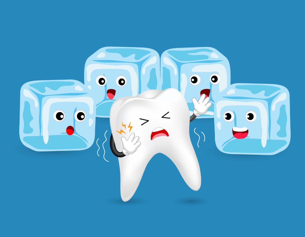 Cartoon unhealthy tooth character with ice. Sensitive Teeth To Cold. Dental care concept, illustration isolated on blue background.