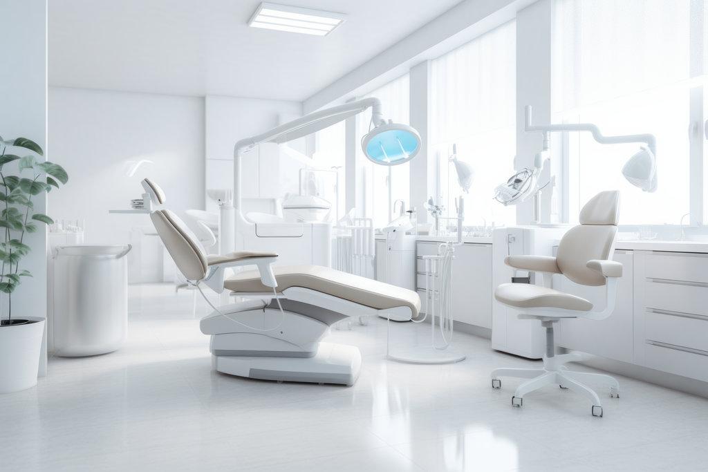 Dentist office white interior with medical equipment.
